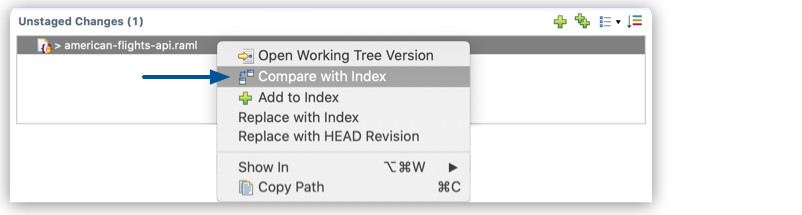 *Compare with index* menu option highlighted in the *Unstaged Changes* window.