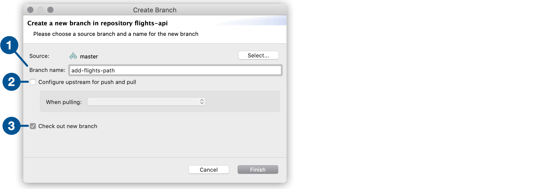 *Branch name* field, *Configure upstream for push and pull* option, and *Check out new branch* option highlighted in the *Create Branch* window
