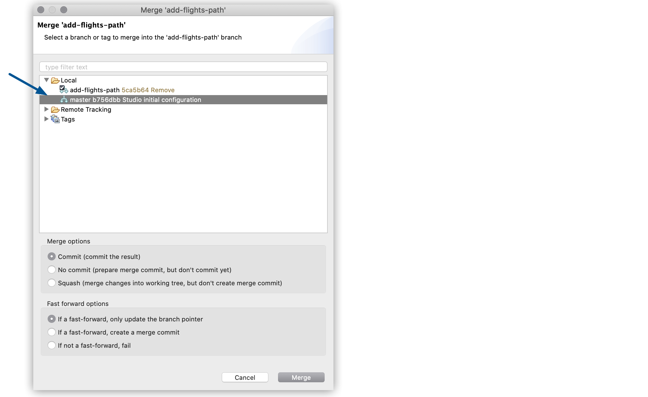 Local branch highlighted in the *Merge* window.